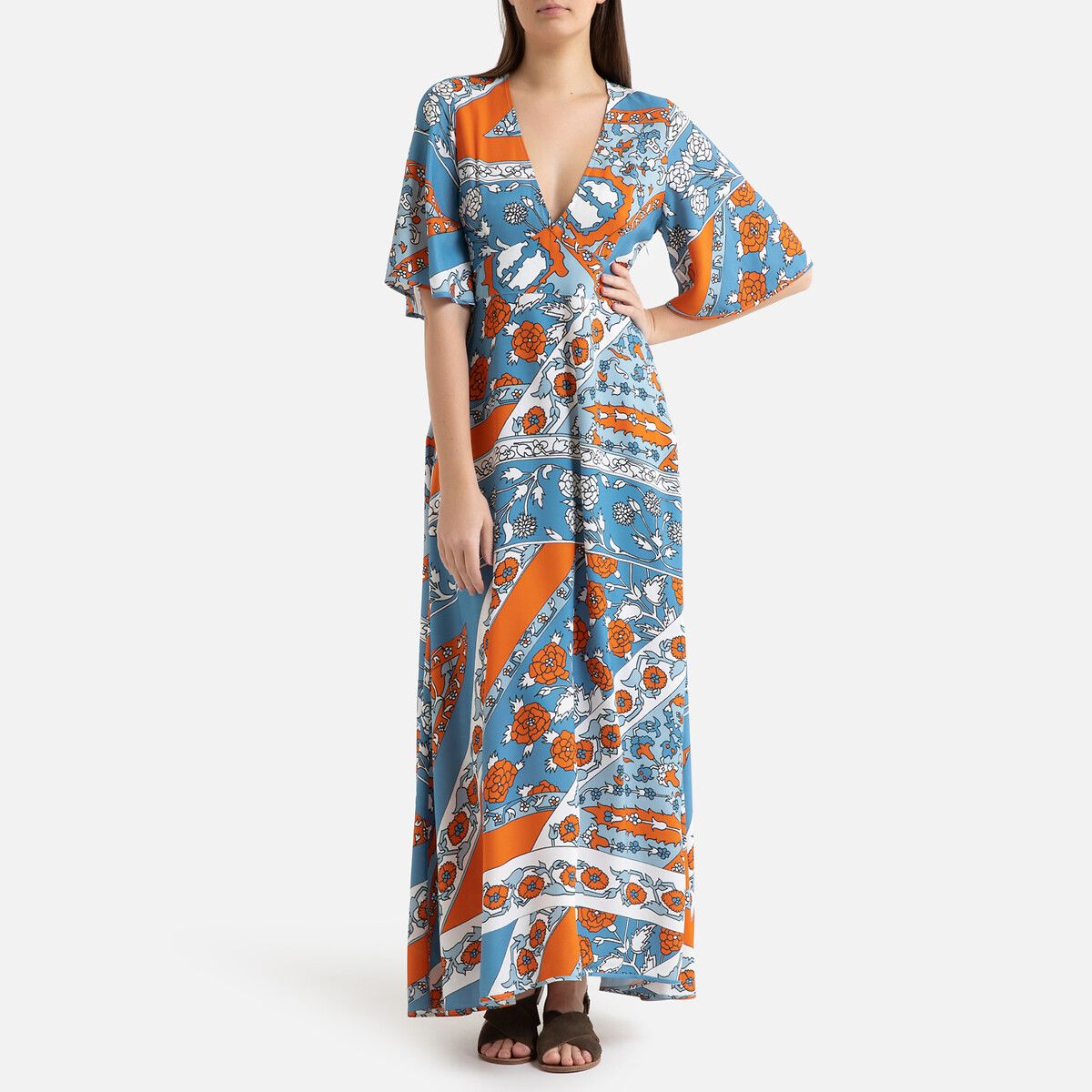 Robe longue d'été à manches courtes LEANDRA Bleu Orange Antik batik Robe longue d'été à manches courtes LEANDRA Bleu Orange Antik batik