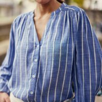 Blouse fluide col V rayée manches longues BLUE - La Petite Etoile