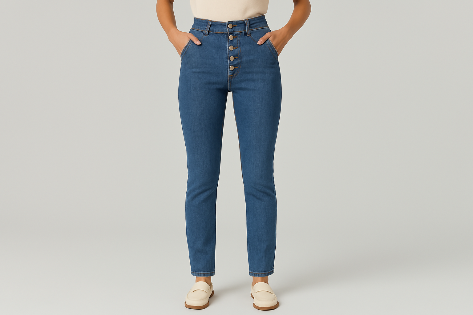 Jean femme à boutons apparents