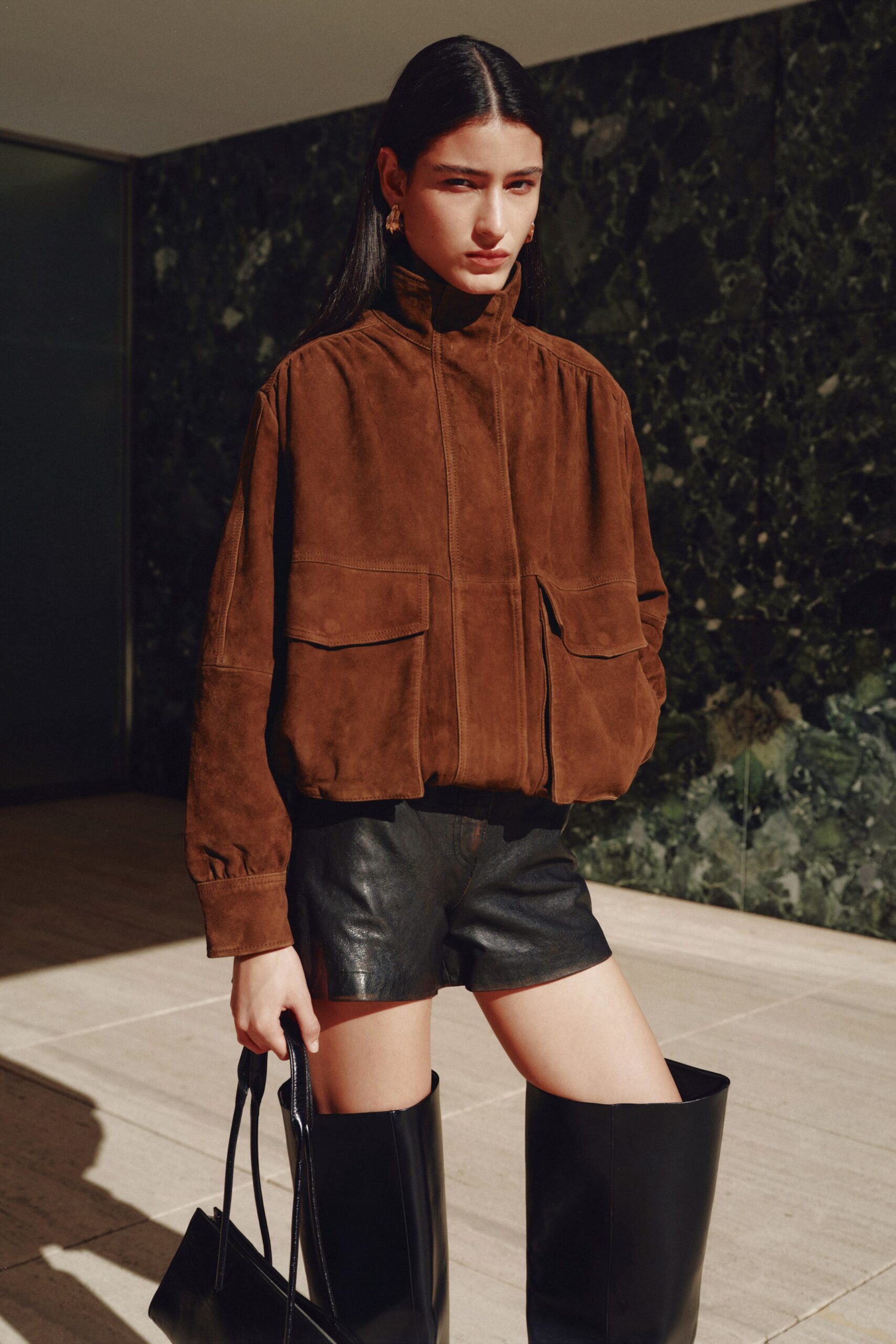 Veste oversize en cuir velours – Marron – H&M
