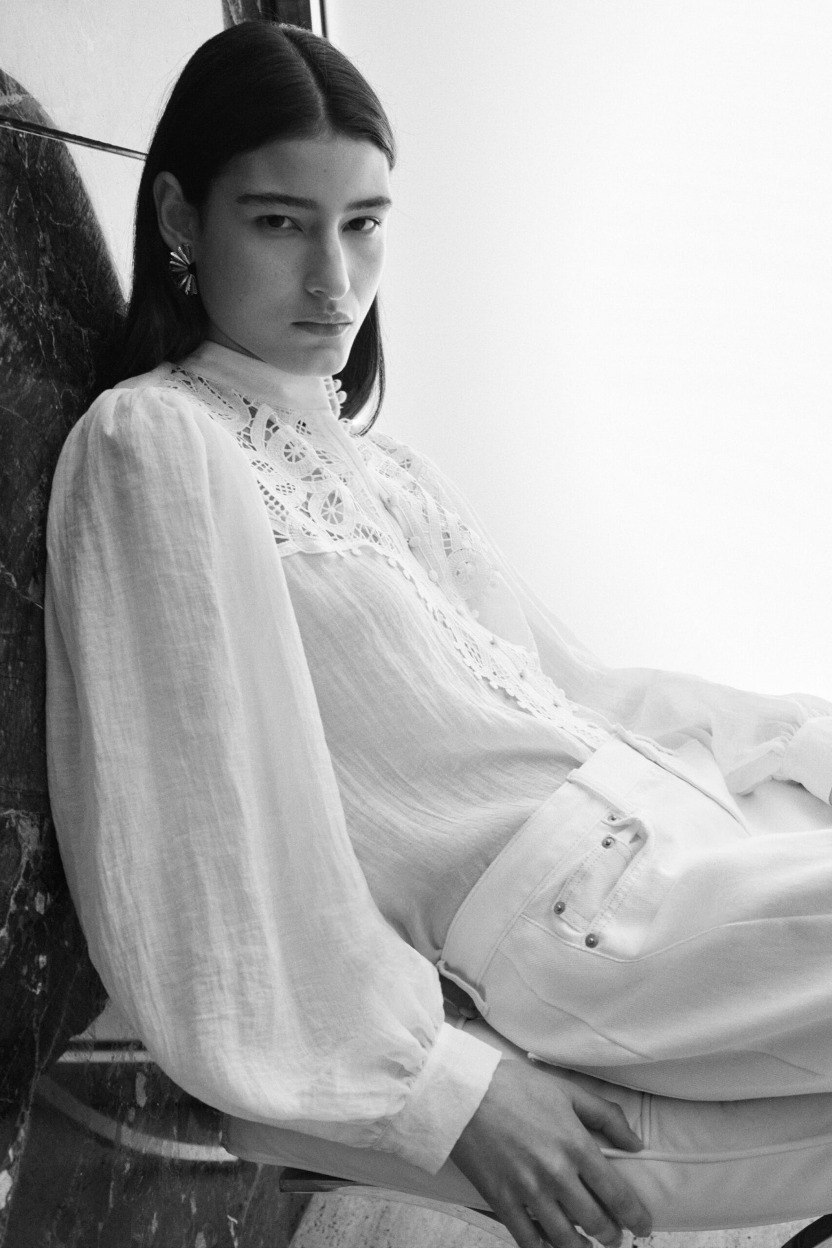 Blouse avec empiècement en dentelle – Crème – H&M
